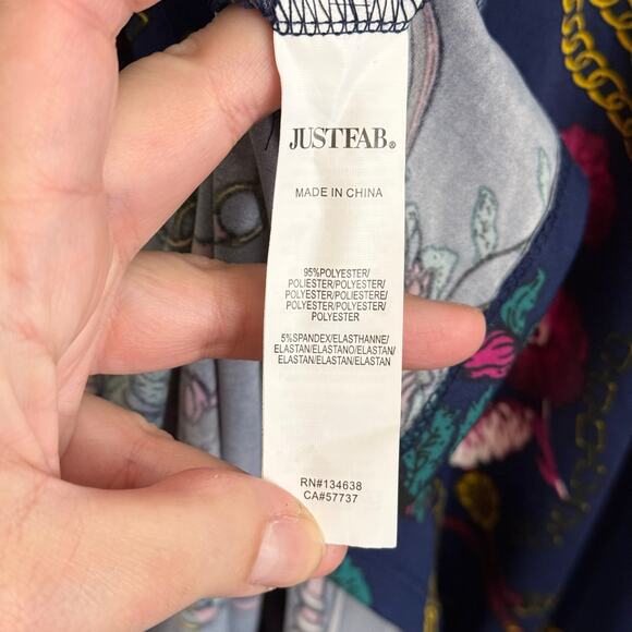 JustFab Mini Wrap Dress XL Blue Multi Chain Floral Tie Waist Surplice Equestrian - Picture 8 of 8